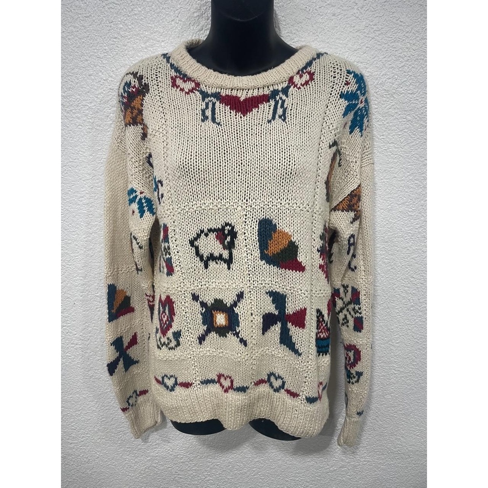 Woolrich Sweater Womens Size L Cream Multi Vintage Heart Sheep Knit Folk Art